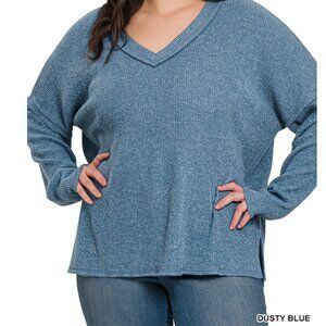 Plus brushed V-NECK ribbed top